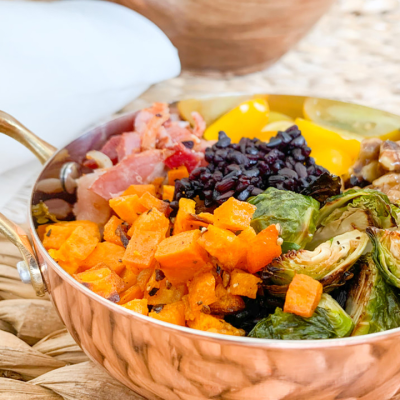 Roasted Veggie and Purple Rice Bowl recipe served in bowl