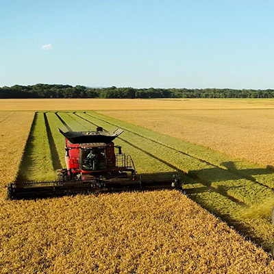 red tractor harvesting field