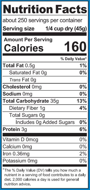 Basmati Rice bucket nutritional label