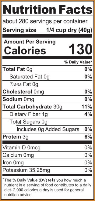 Golden Rice Grits bucket nutritional label