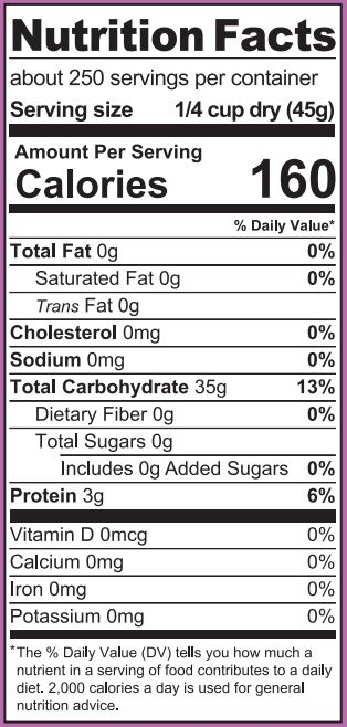 Jasmine Rice bucket nutritional label
