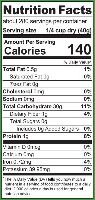 Nature's Blend Rice Grits bucket nutritional label