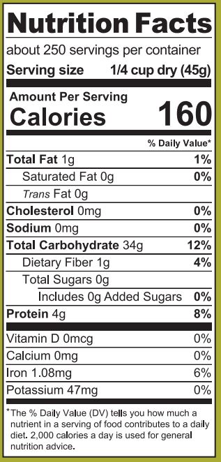 Nature's Blend rice bucket nutritional label