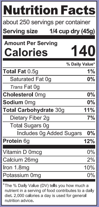 Purple Rice bucket nutritional label