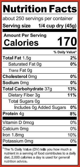 Red Rice bucket nutritional label