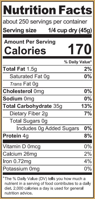 Brown Rice bucket nutritional label