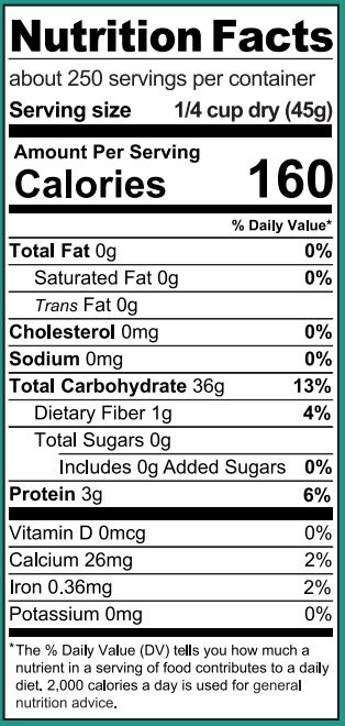 White Rice bucket nutritional label
